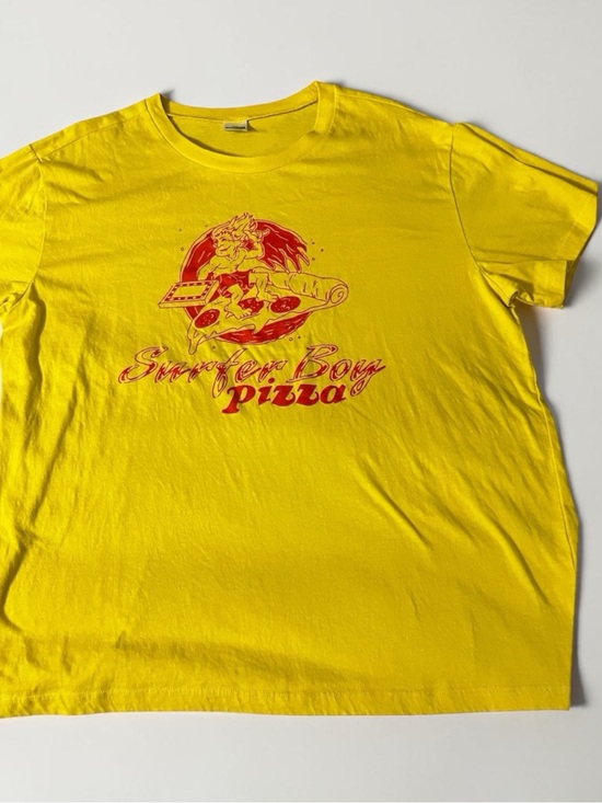 Gildan Other - Gildan Yellow Tee with Red Surfer Boy Pizza Graphic
